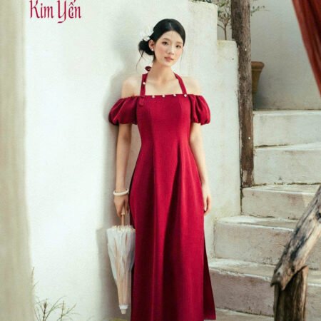 Cho Thuê Áo Dài Nữ Đỏ Trễ Vai Đính Hoa Zamy