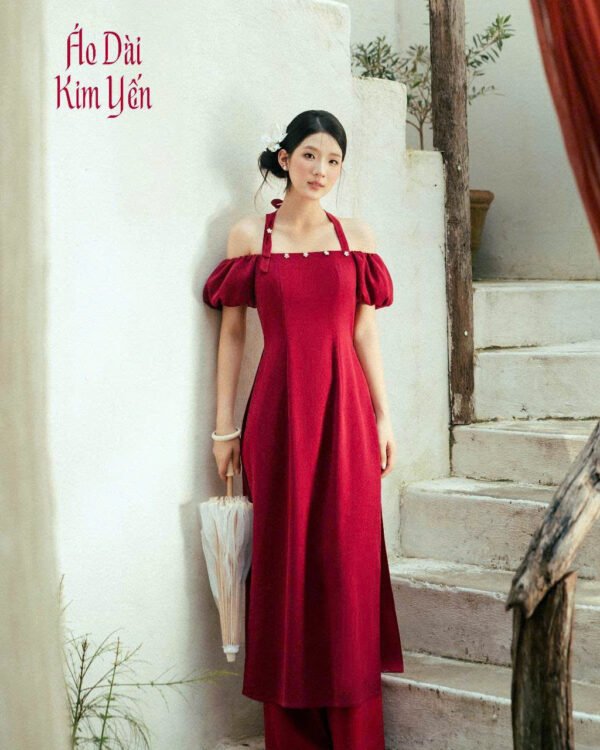 Cho Thuê Áo Dài Nữ Đỏ Trễ Vai Đính Hoa Zamy