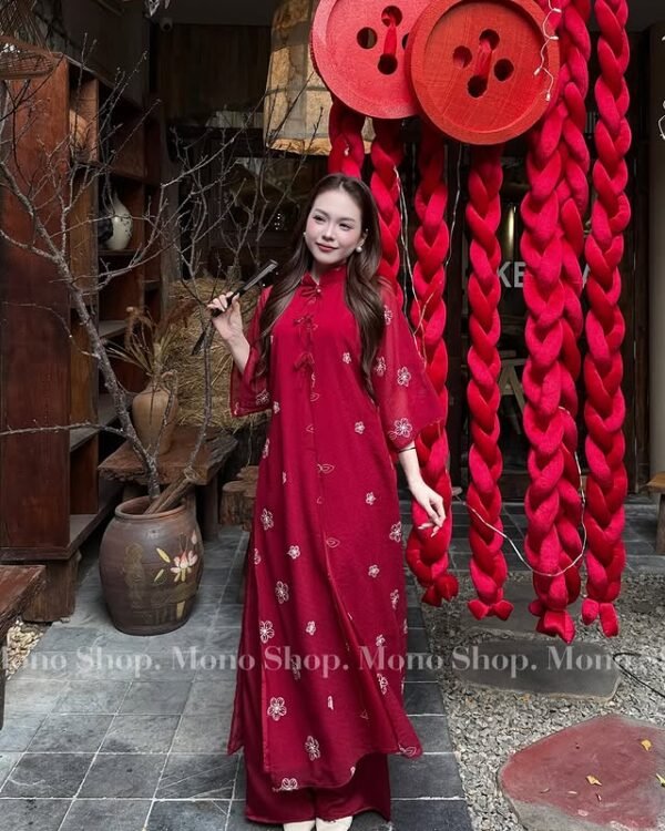 Cho Thuê Áo Dài Nữ Đỏ Thêu Hoa Mai