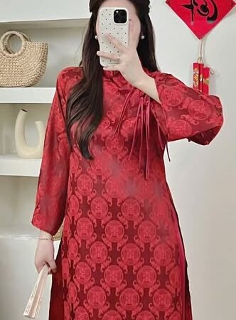 Cho Thuê Áo Dài Nữ Đỏ Cổ Trụ Đồng Tiền Đính 3 Khảm Ngọc Trai (Có Bigsize)