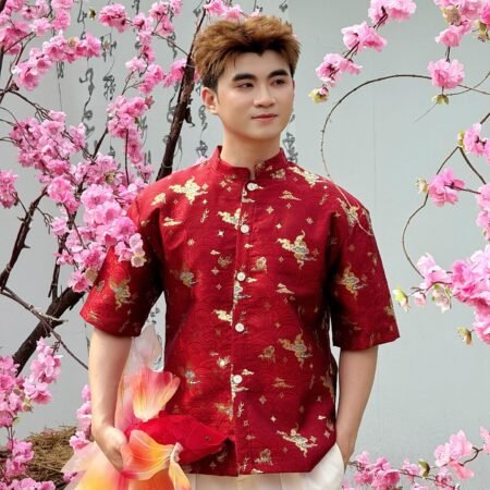 Cho Thuê Áo Dài Nam Đỏ Họa Tiết Mây