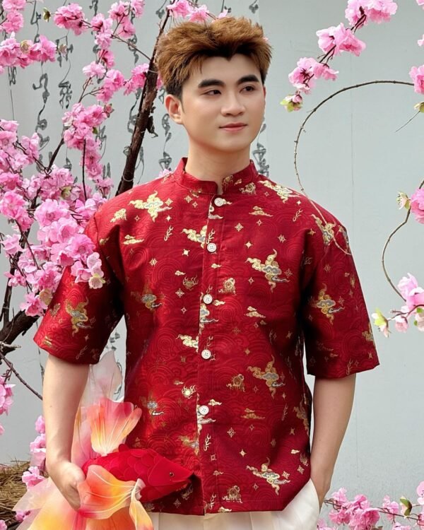 Cho Thuê Áo Dài Nam Đỏ Họa Tiết Mây