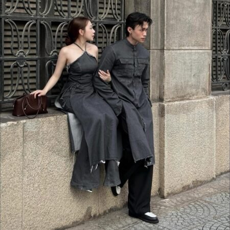 Cho Thuê Áo Dài Nữ Xám Cổ Yếm Denim