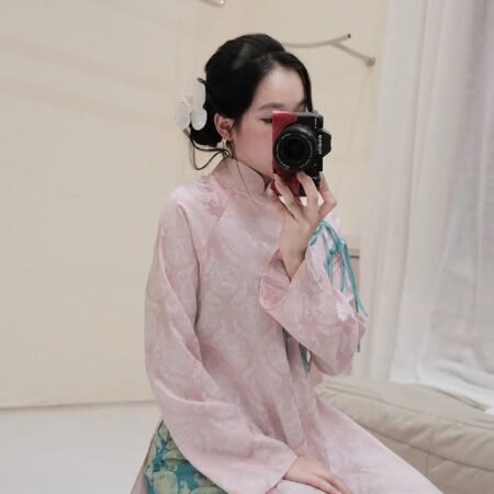 Cho Thuê Áo Dài Nữ Hồng Cổ Trụ Đồng Tiền Đính Khảm Ngọc Trai (Có Bigsize)