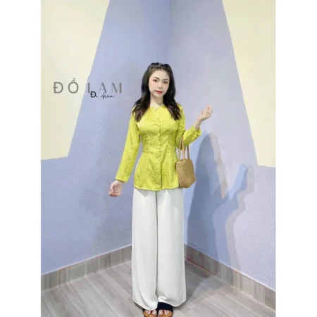 Cho Thuê Set Bà Ba Cổ Tròn Hoa Chìm Xanh Cốm (Có Bigsize)