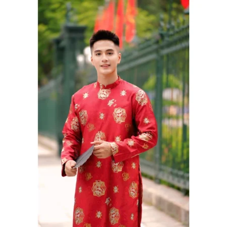 Cho Thuê Áo Dài Nam Đỏ Gấm Thêu Mây (Có Bigsize)