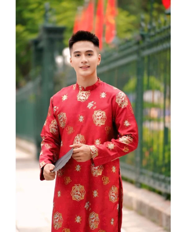 Cho Thuê Áo Dài Nam Đỏ Gấm Thêu Mây (Có Bigsize)