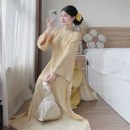 Cho Thuê Áo Dài Nữ Vàng Ánh Dương Đính Hoa Ngọc Trai (Có Bigsize)