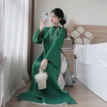 Cho Thuê Áo Dài Nữ Xanh Ngọc Bích Đính Hoa Ngọc Trai (Có Bigsize)