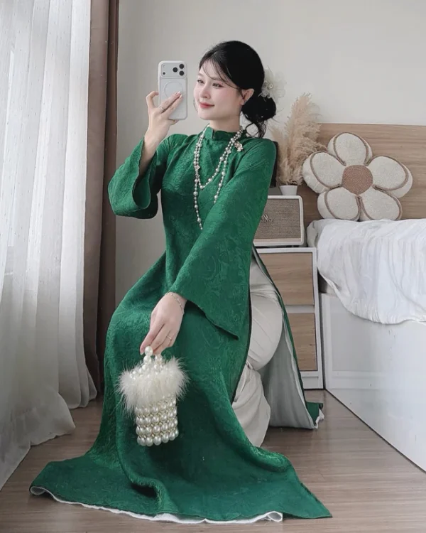 Cho Thuê Áo Dài Nữ Xanh Ngọc Bích Đính Hoa Ngọc Trai (Có Bigsize)