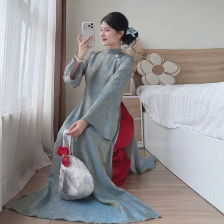 Cho Thuê Áo Dài Nữ Xanh Cẩm Nguyệt Đính Hoa Ngọc Trai (Có Bigsize)