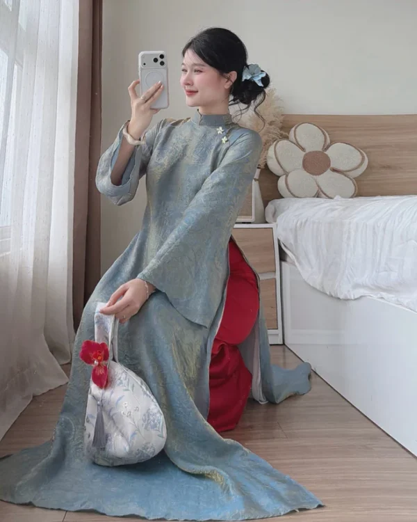Cho Thuê Áo Dài Nữ Xanh Cẩm Nguyệt Đính Hoa Ngọc Trai (Có Bigsize)