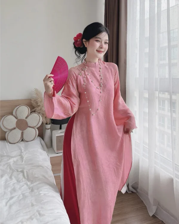 Cho Thuê Áo Dài Hồng Vân Yên Đính Hoa Ngọc Trai (Có Bigsize)