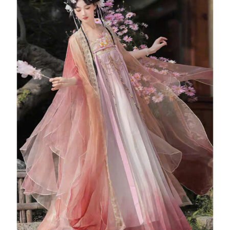 Cho Thuê Hán Phục Nữ Hồng Phấn Họa Tiết Hoa Đào Tiên Cảnh