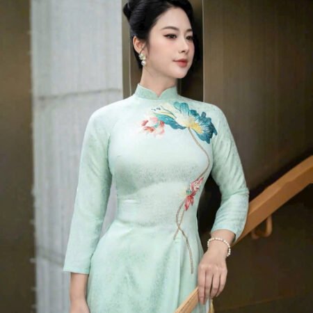 Cho Thuê Áo Dài Nữ Xanh Thêu Hoa Sen