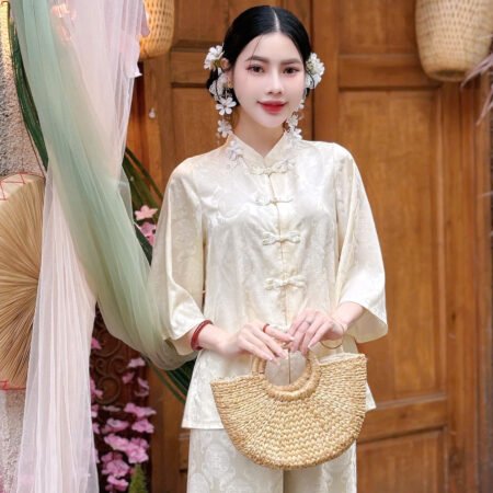 Cho Thuê Pháp Phục Kem Gấm Đồng Tiền Tay Ngắn