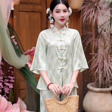 Cho Thuê Pháp Phục Xanh Gấm Đồng Tiền Tay Ngắn