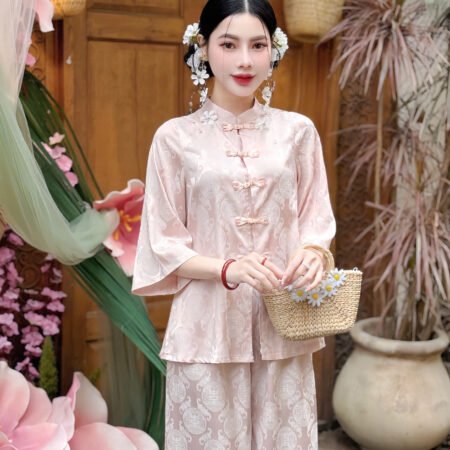 Cho Thuê Pháp Phục Hồng Gấm Đồng Tiền Tay Ngắn