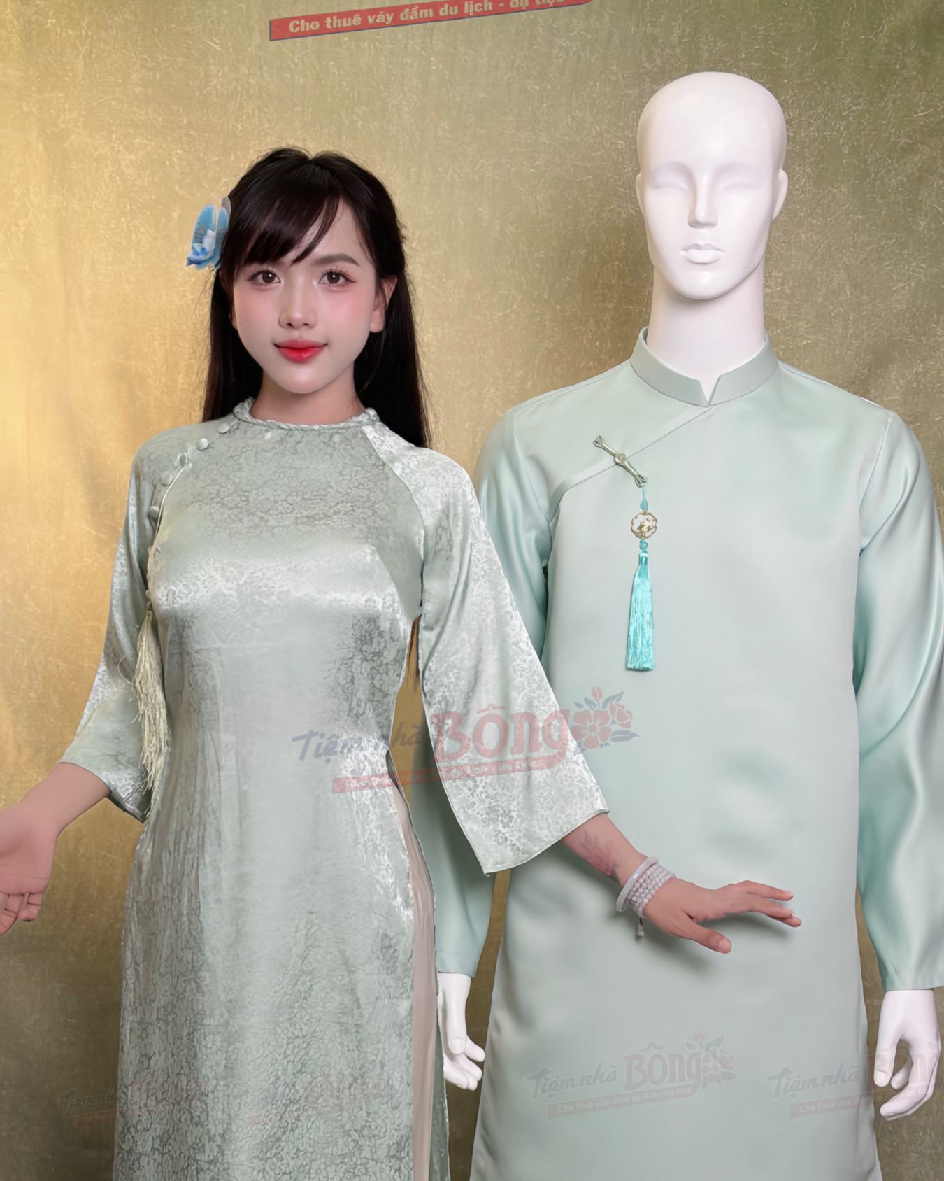 Cho Thuê Áo Dài Bưng Quả Nữ Xanh Gấm 5 Nút