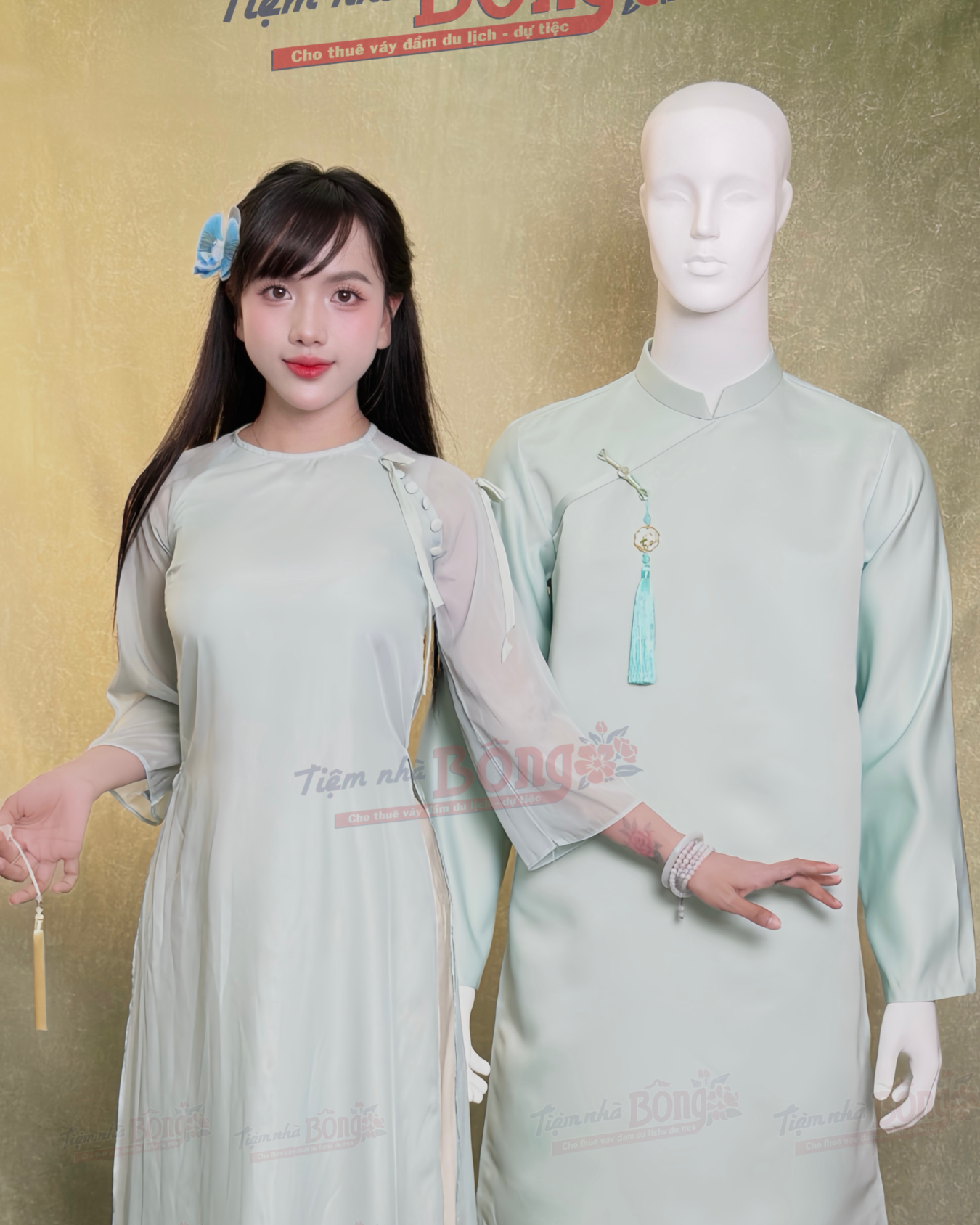 Cho Thuê Áo Dài Bưng Quả Nữ Xanh Cổ Tròn Nơ 5 Nút