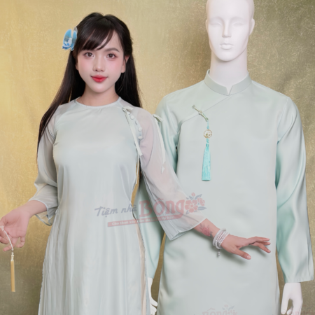 Cho Thuê Áo Dài Bưng Quả Nữ Xanh Cổ Tròn Nơ 5 Nút