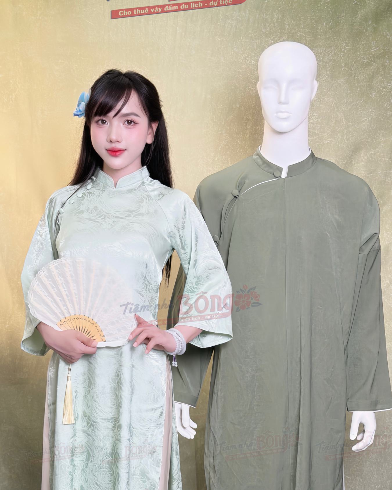 Cho Thuê Áo Dài Bưng Quả Nữ Cổ Trụ Xanh Ngọc Tây Thi