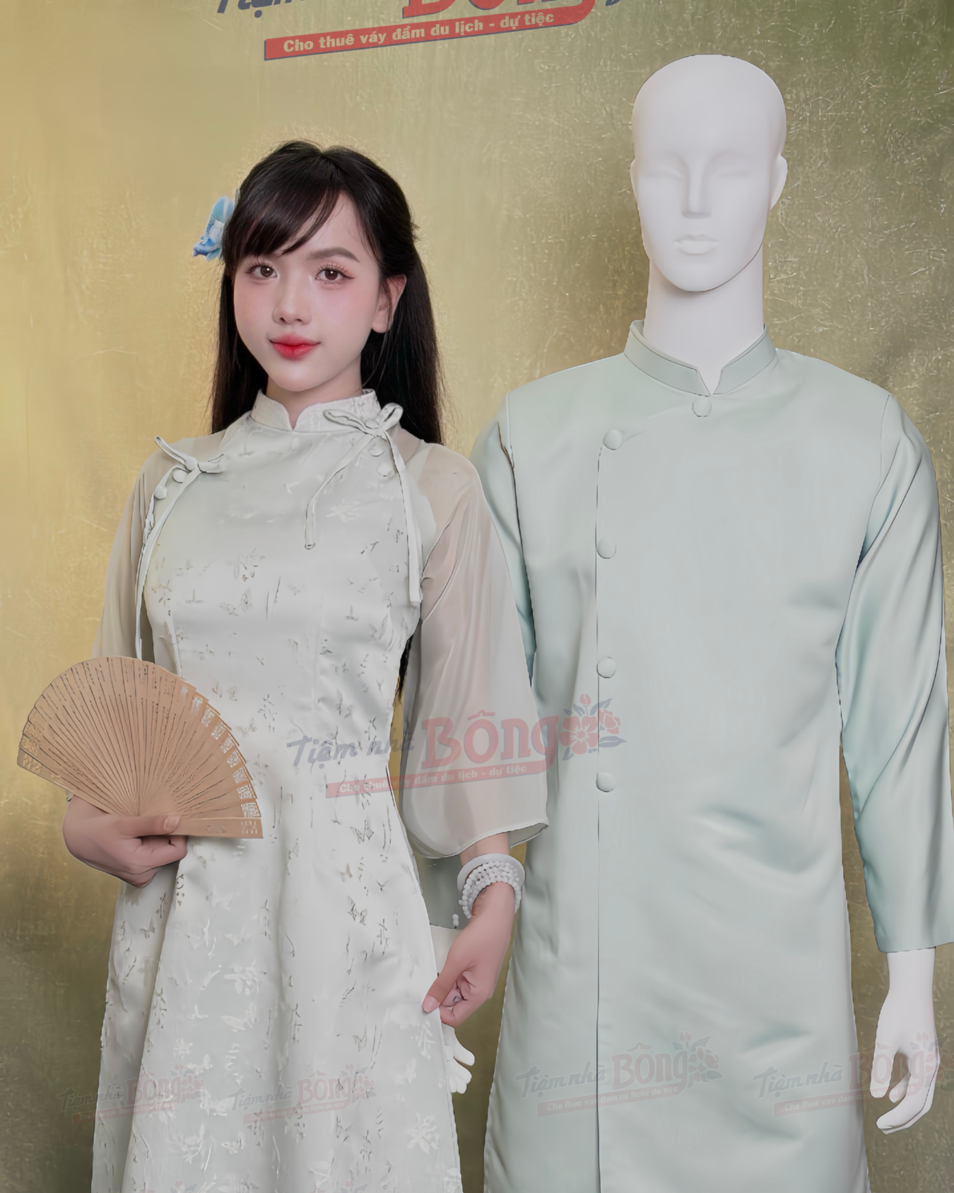 Cho Thuê Áo Dài Bưng Quả Nữ Xanh Thêu Bướm Đính Nơ