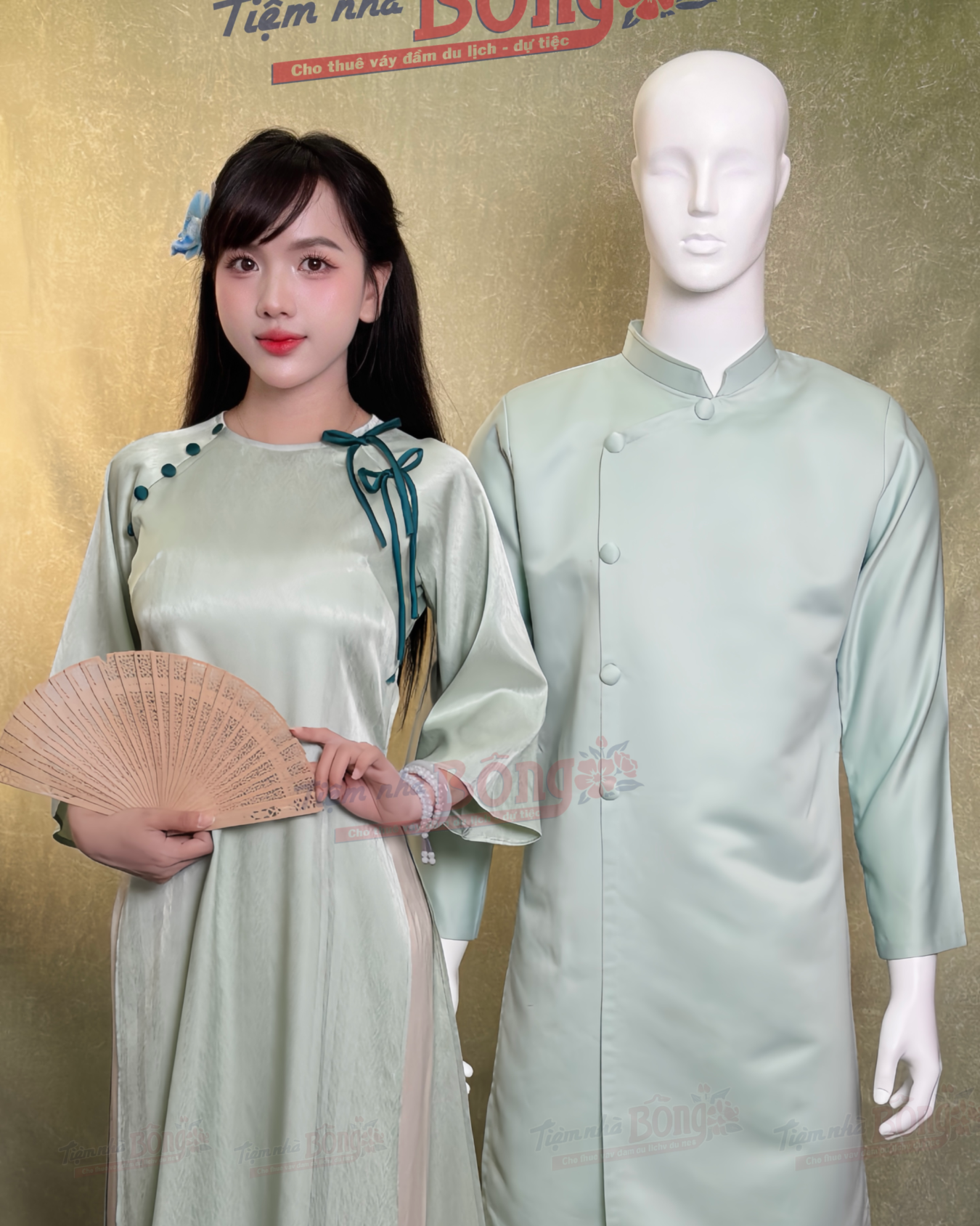 Cho Thuê Áo Dài Bưng Quả Nữ Xanh Cổ Tròn Đính Nơ Nút