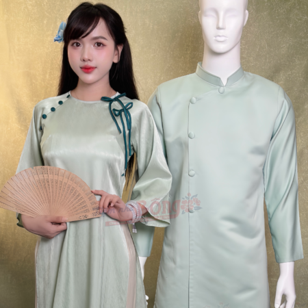Cho Thuê Áo Dài Bưng Quả Nữ Xanh Cổ Tròn Đính Nơ Nút