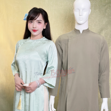 Cho Thuê Áo Dài Bưng Quả Nữ Xanh Gấm Viền Cổ