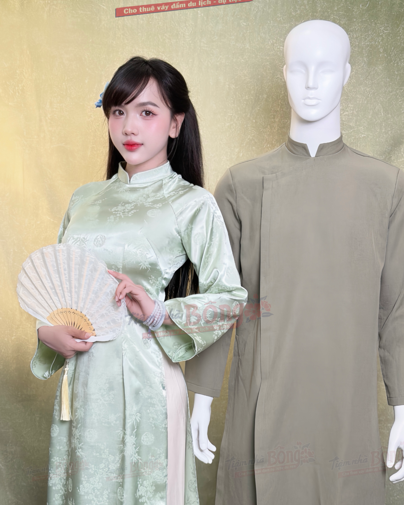 Cho Thuê Áo Dài Bưng Quả Nữ Xanh Cổ Trụ Tâm Giao
