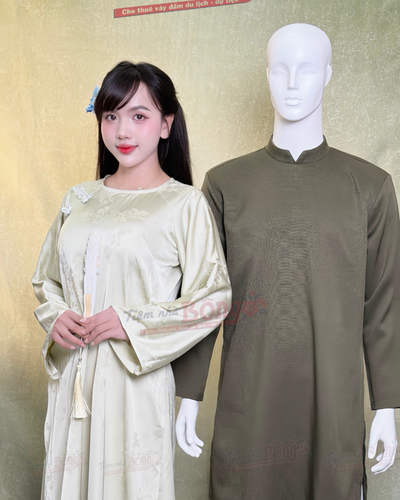 Cho Thuê Áo Dài Bưng Quả Nữ Xanh Cổ Tròn Đính 2 Khảm