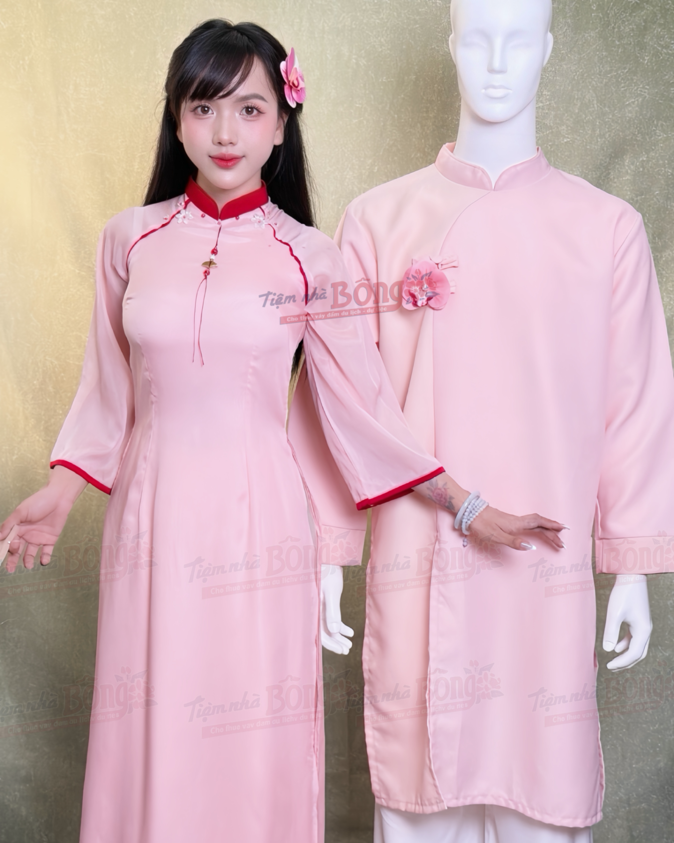 Cho Thuê Áo Dài Bưng Quả Nữ Hồng Cổ Trụ Viền Đỏ Tua Rua