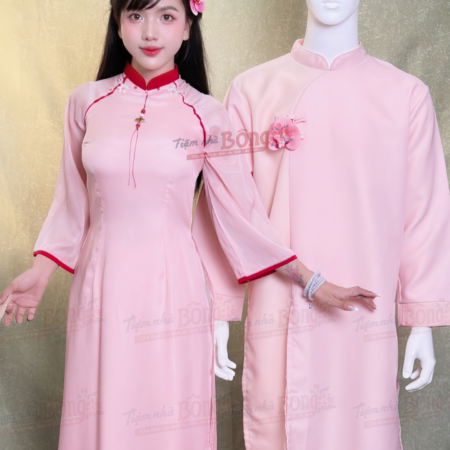 Cho Thuê Áo Dài Bưng Quả Nữ Hồng Cổ Trụ Viền Đỏ Tua Rua