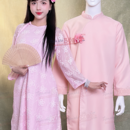 Cho Thuê Áo Dài Bưng Quả Nữ Hồng Cổ Tròn Hoa Cúc HVN