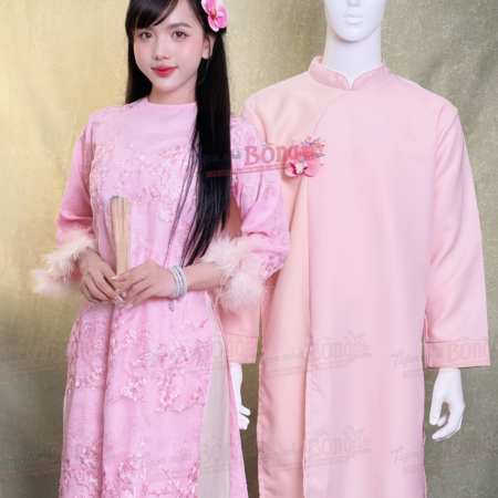 Cho Thuê Áo Dài Bưng Quả Nữ Hồng Cổ Tròn Hoa Đào Tay Lông