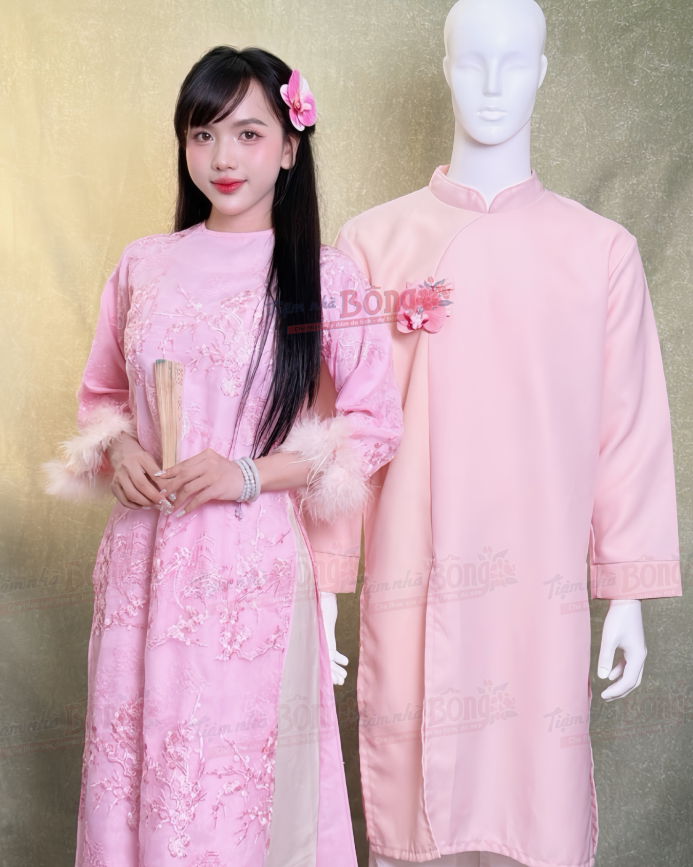 Cho Thuê Áo Dài Bưng Quả Nữ Hồng Cổ Tròn Hoa Đào Tay Lông
