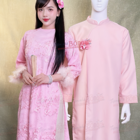 Cho Thuê Áo Dài Bưng Quả Nữ Hồng Cổ Tròn Hoa Đào Tay Lông