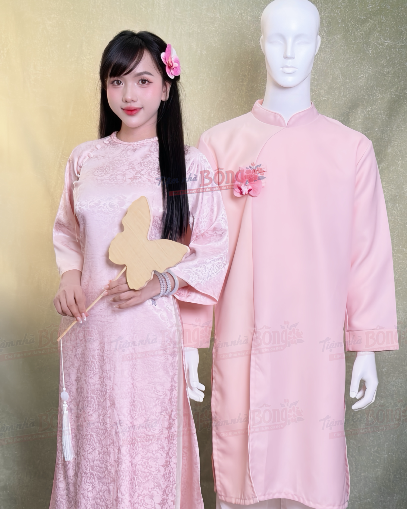 Cho Thuê Áo Dài Bưng Quả Nữ Hồng Viền Cổ Hoa To 5 Nút Tròn
