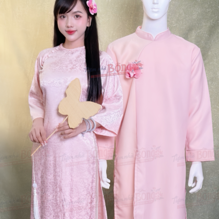 Cho Thuê Áo Dài Bưng Quả Nữ Hồng Viền Cổ Hoa To 5 Nút Tròn