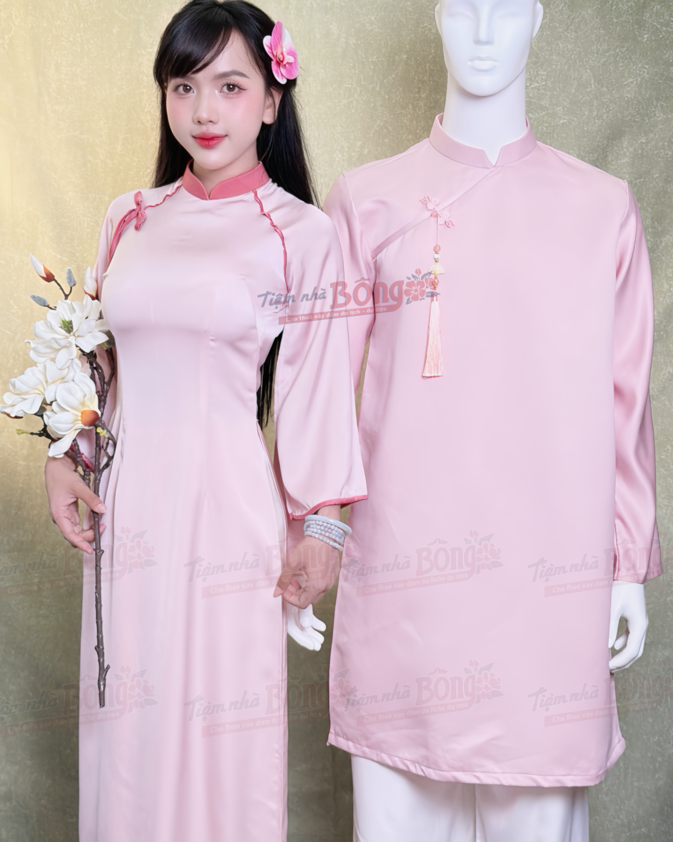 Cho Thuê Áo Dài Bưng Quả Nữ Hồng Cổ Trụ Hồng Thắt Nơ