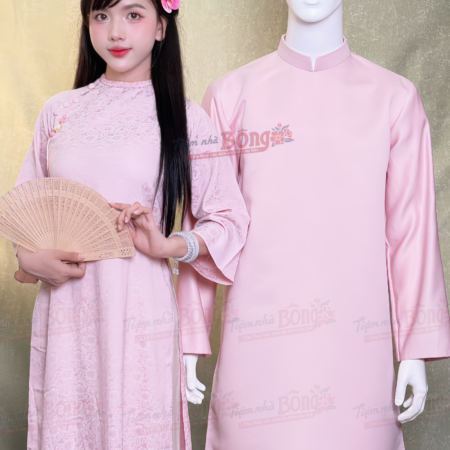Cho Thuê Áo Dài Bưng Quả Nữ Hồng Viền Cổ Hoa Gió