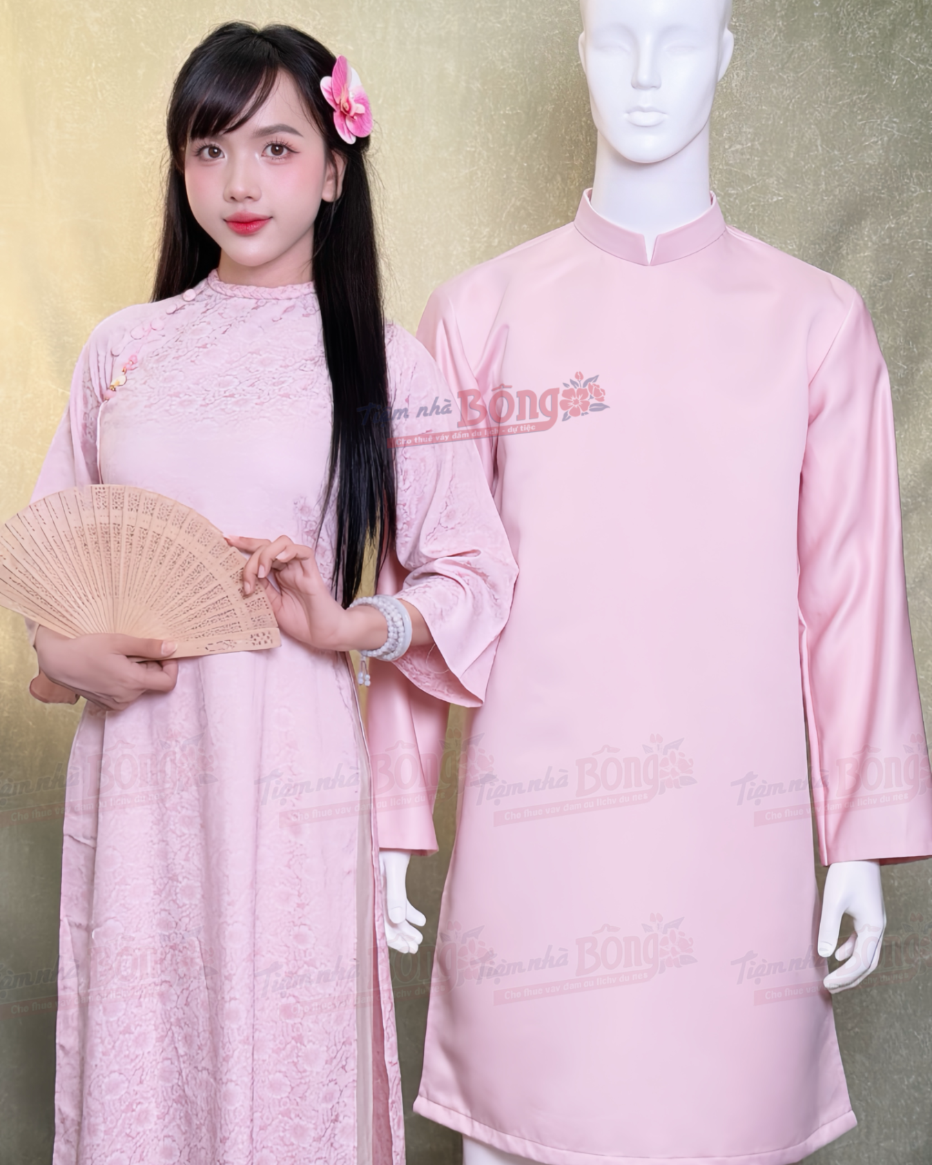 Cho Thuê Áo Dài Bưng Quả Nữ Hồng Viền Cổ Hoa Gió
