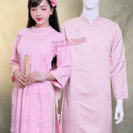 Cho Thuê Áo Dài Bưng Quả Nữ Hồng Cổ Tròn Viền Hoa 3 Nút Tàu