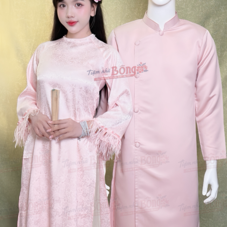 Cho Thuê Áo Dài Bưng Quả Nữ Hồng Cổ Tròn Hoa Chìm Tay Lông