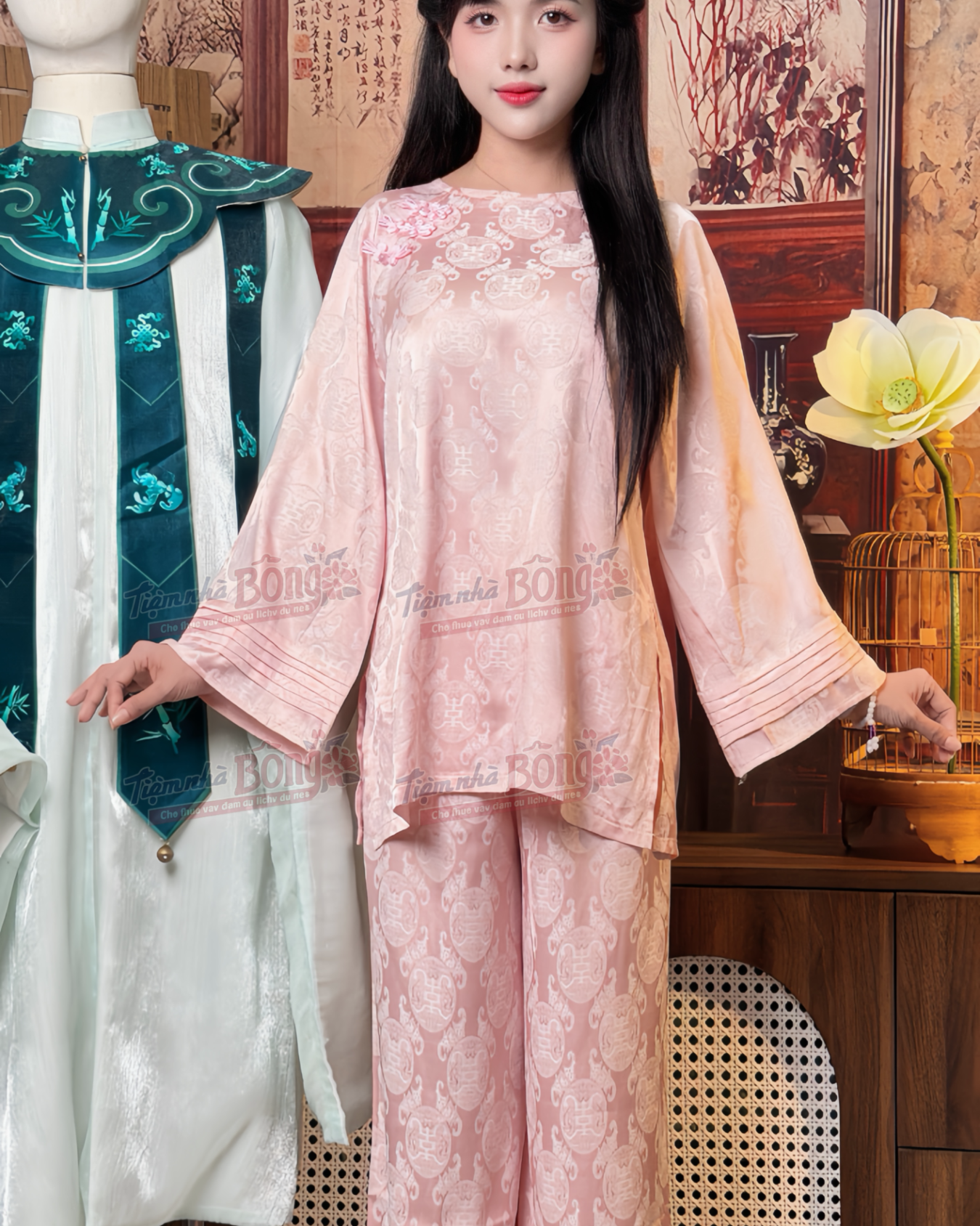 Cho Thuê Set Pháp Phục Hồng Gấm Đồng Tiền 3 Khảm