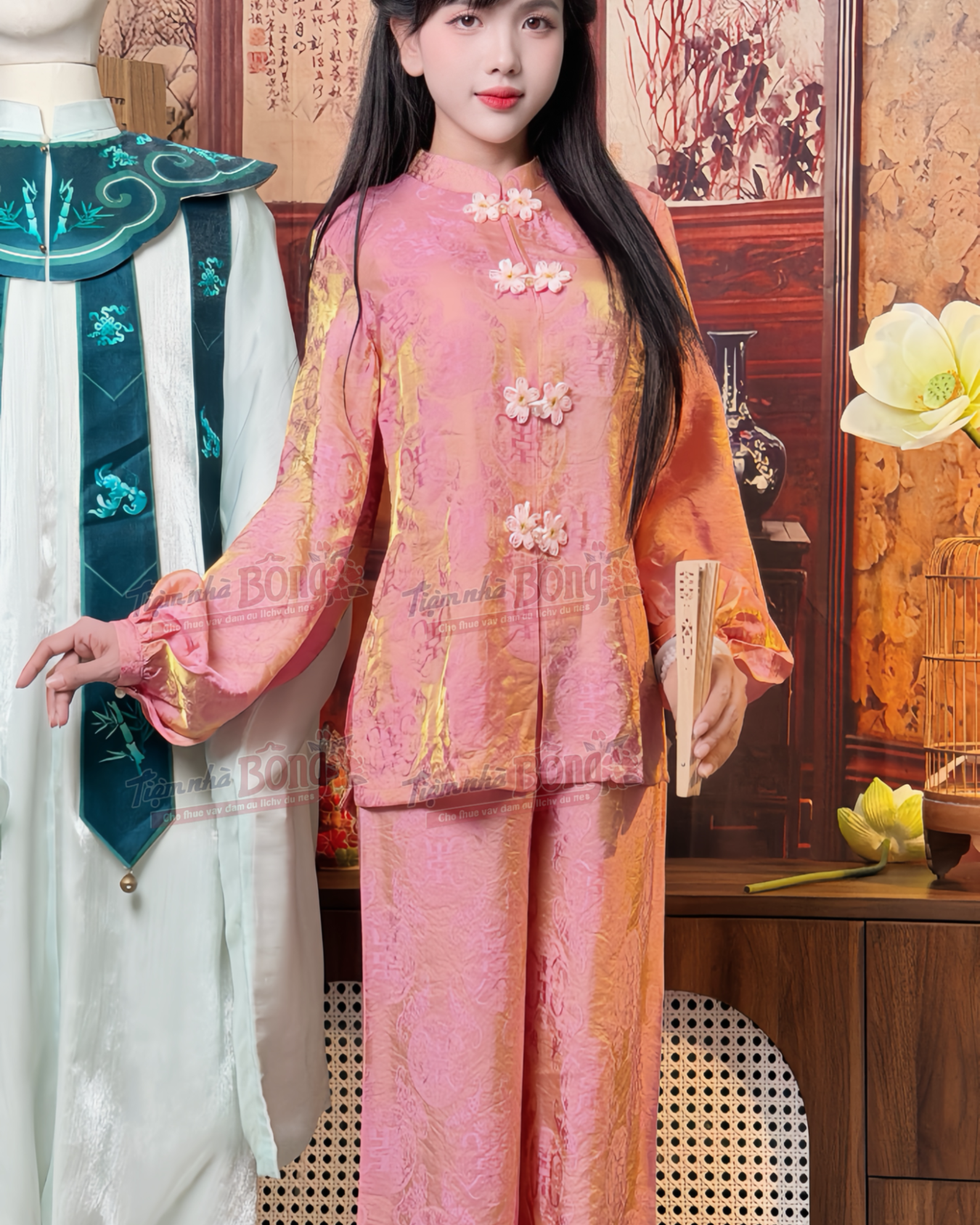 Cho Thuê Set Pháp Phục Hồng Óng Nút Hoa