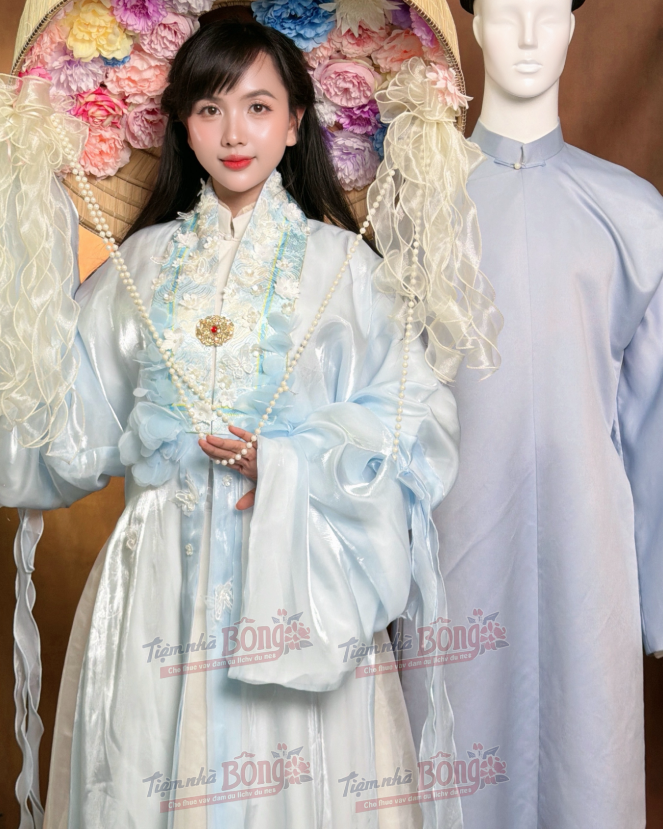 Cho Thuê Áo Nhật Bình Xanh Cổ Hoa Tơ Sống