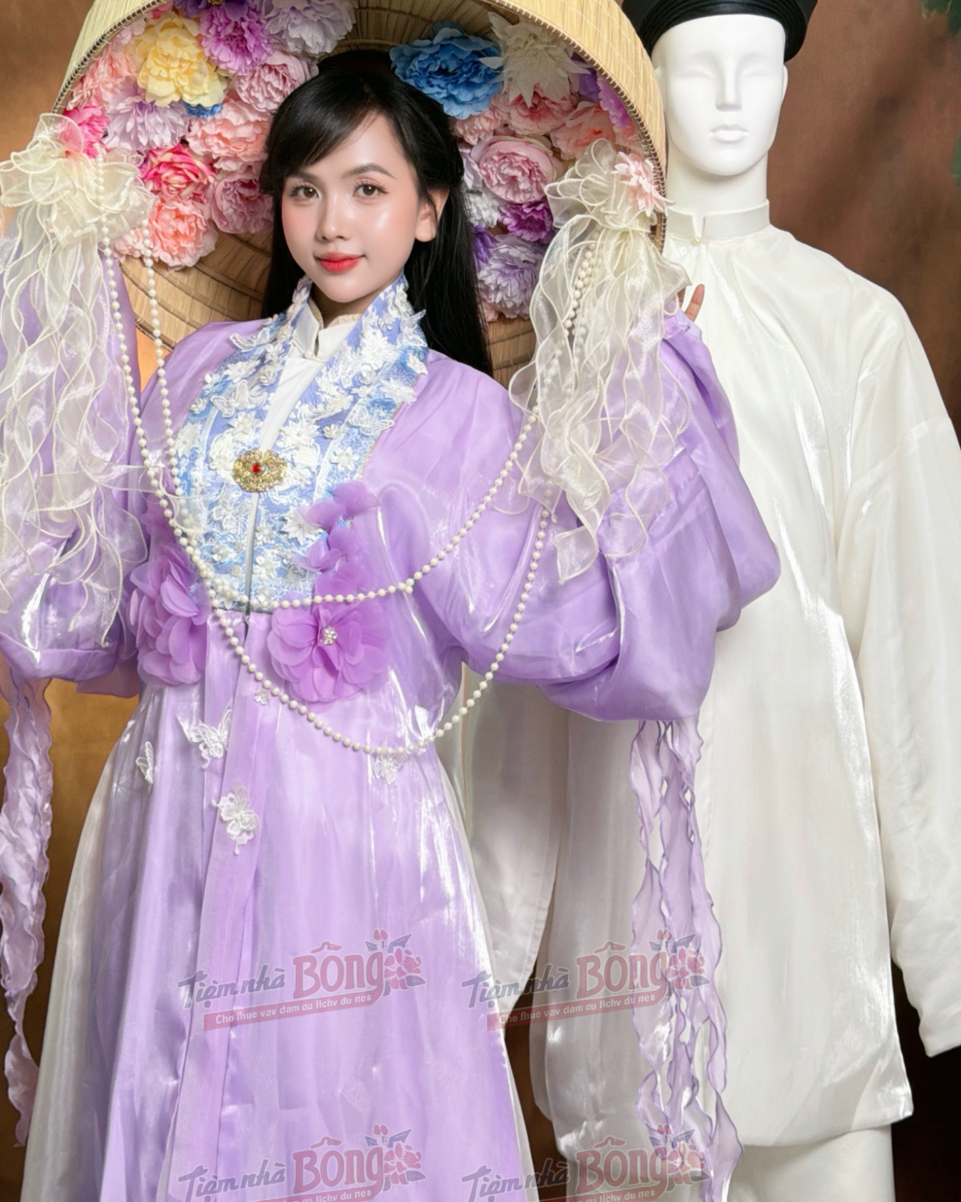 Cho Thuê Áo Nhật Bình Tím Cổ Hoa Tơ Sống