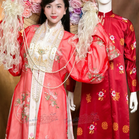 Cho Thuê Áo Nhật Bình Đỏ Thêu Mẫu Đơn Tơ Sống